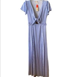 True Destiny Dress Blue Pinstripe Maxi Cutout Midriff Deep V-Neck New Small